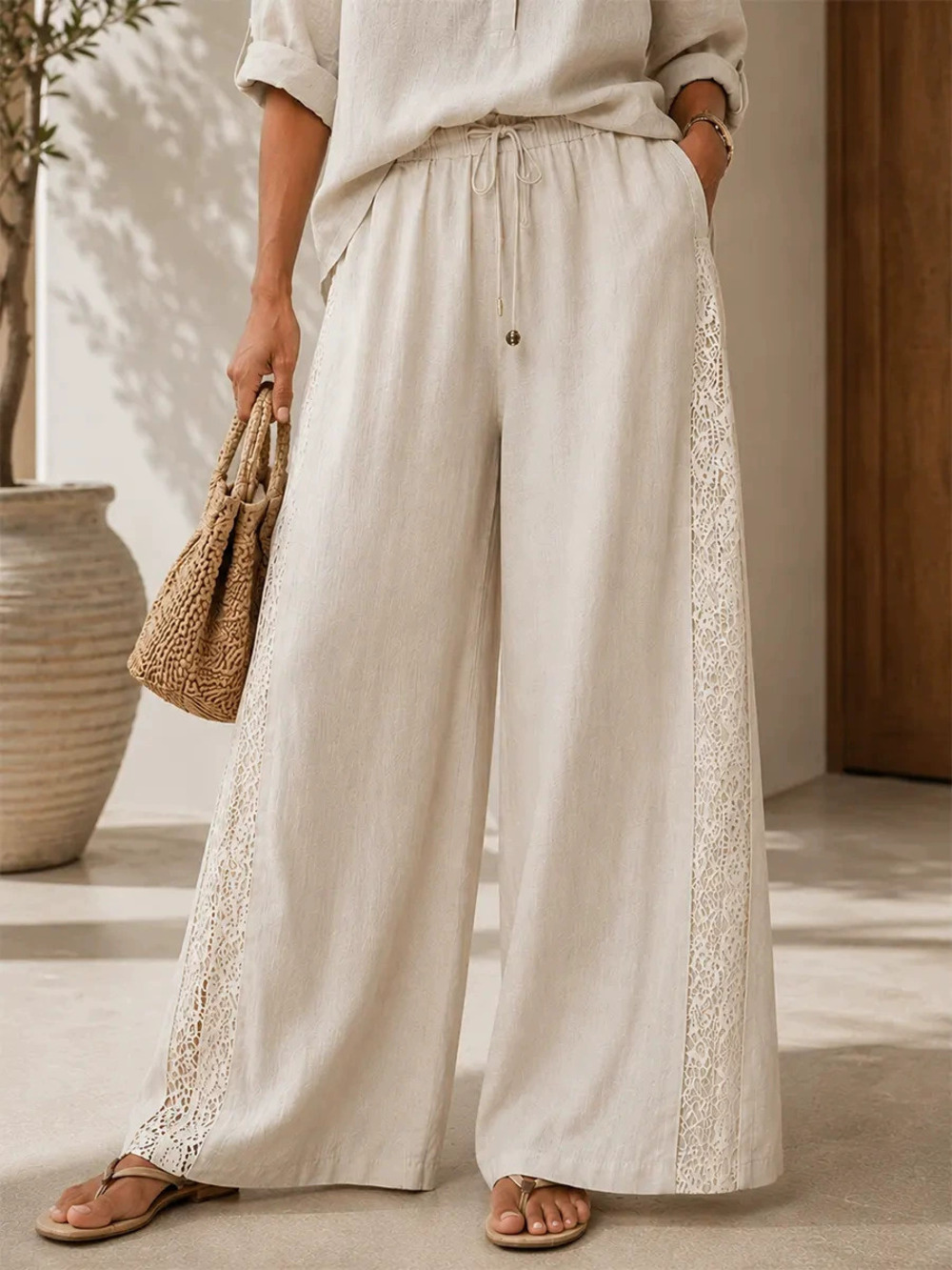 ZARA Womens Summer Lace Trim Drawstring Cool Comfort Wide Leg Casual Pants